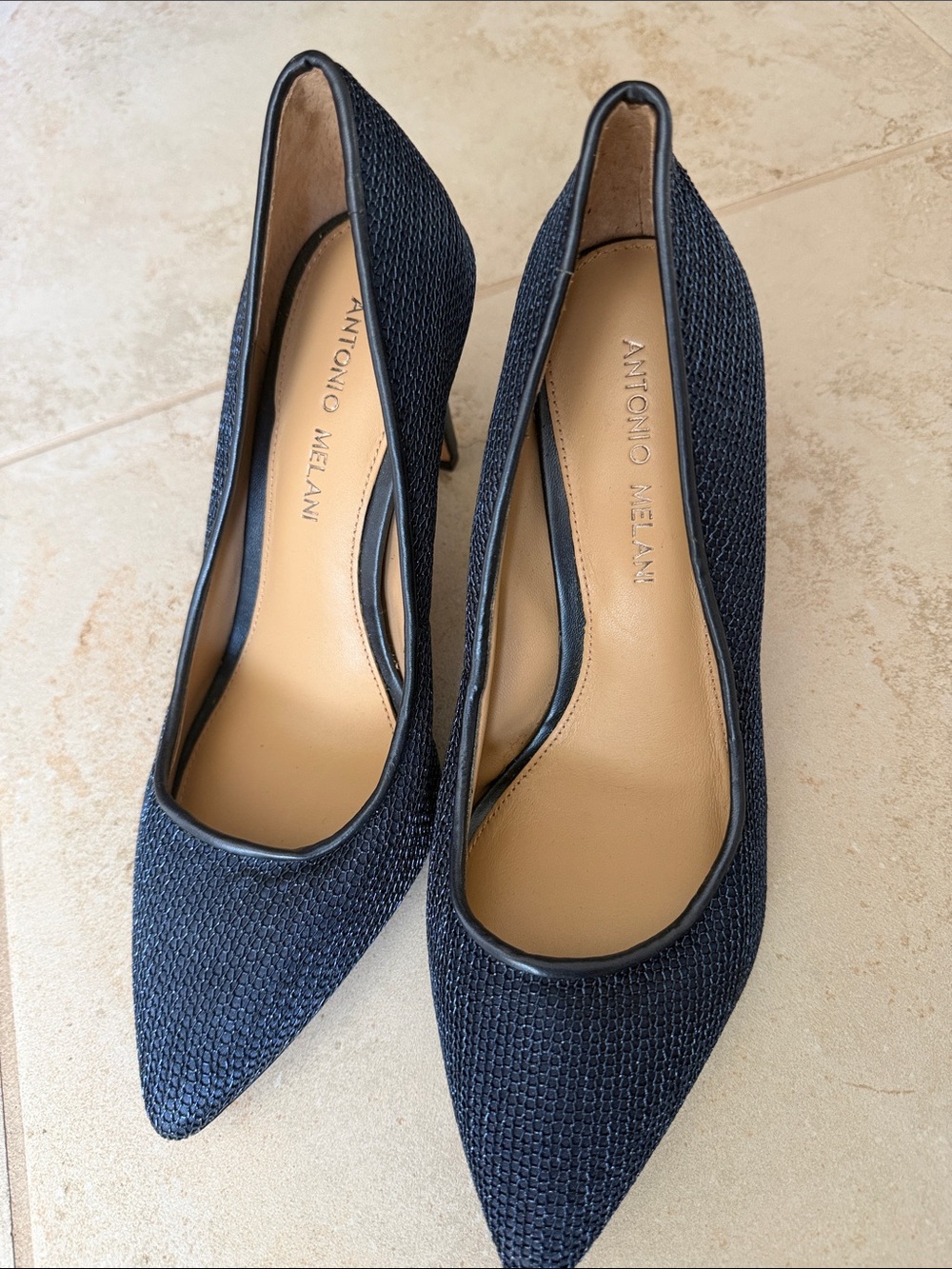 ANTONIO MELANI Navy Textured Pointed Toe Pumps